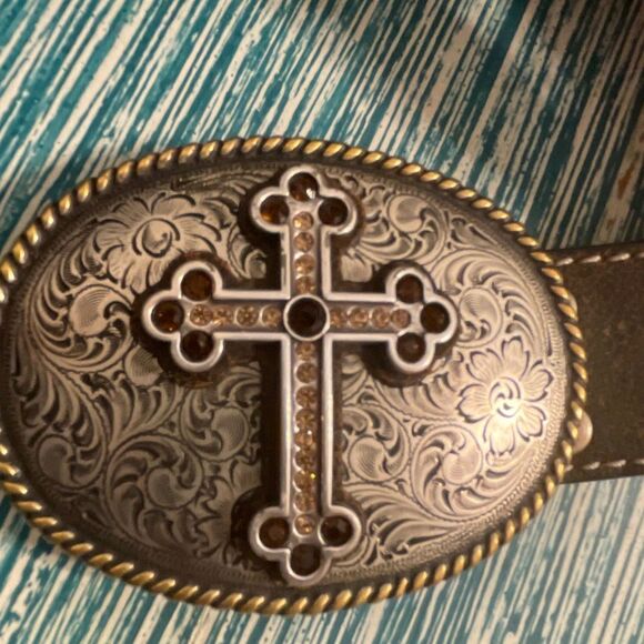 Nocona Men’s Jeweled Cross w/Braided Edges Leather/Silver Western/Cowboy Belt - Picture 3 of 13